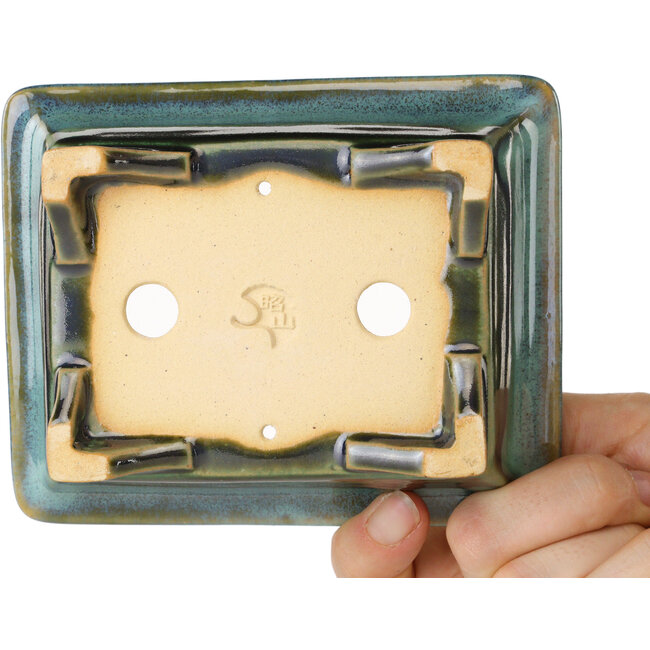 Rectangular blue and green bonsai pot by Shouzan - 125 x 100 x 45 mm