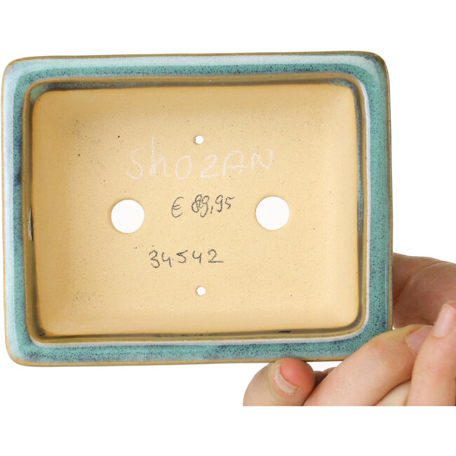 Maceta rectangular para bonsái azul y verde de Shouzan - 125 x 100 x 45 mm