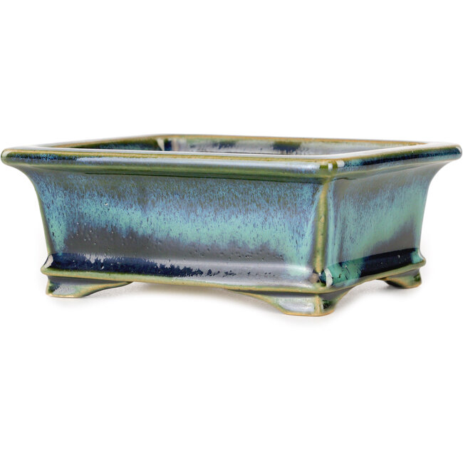 Rectangular blue and green bonsai pot by Shouzan - 120 x 100 x 48 mm