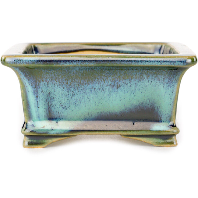 Rectangular blue and green bonsai pot by Shouzan - 120 x 100 x 48 mm
