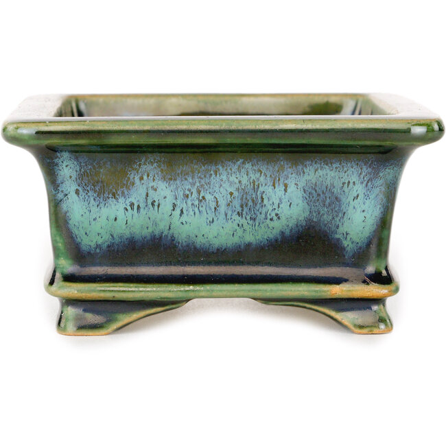 Rectangular blue and green bonsai pot by Shouzan - 120 x 100 x 48 mm