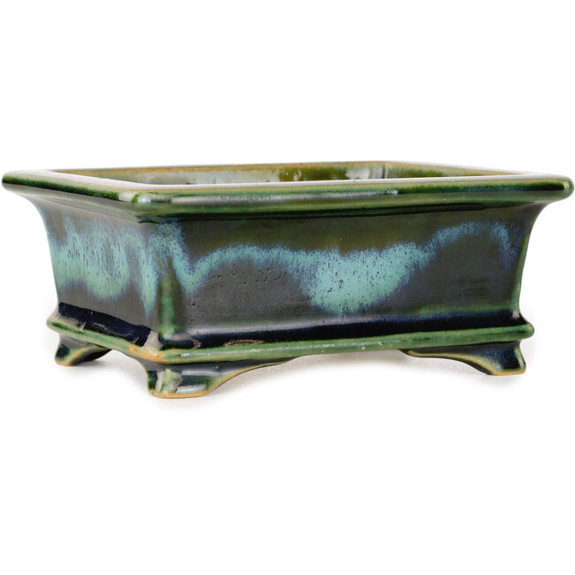 Rectangular blue and green bonsai pot by Shouzan - 120 x 100 x 48 mm