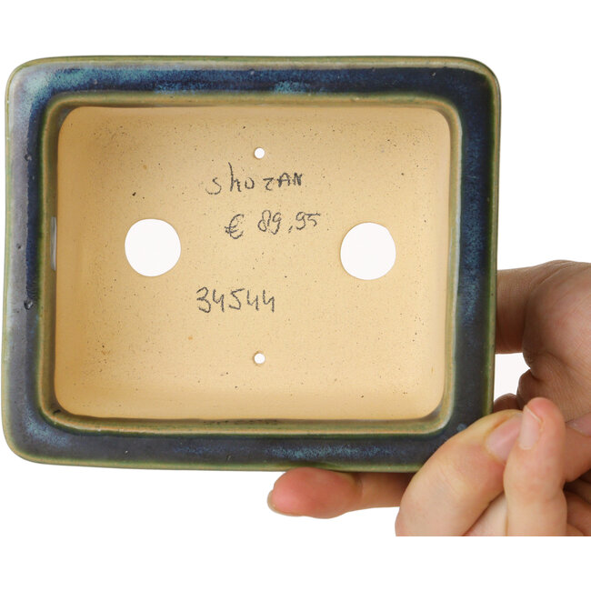 Rectangular blue and green bonsai pot by Shouzan - 120 x 100 x 48 mm