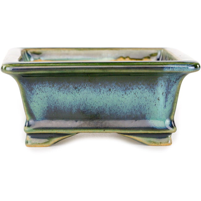 Pot à bonsaï rectangulaire bleu et vert de Shouzan - 125 x 100 x 45 mm