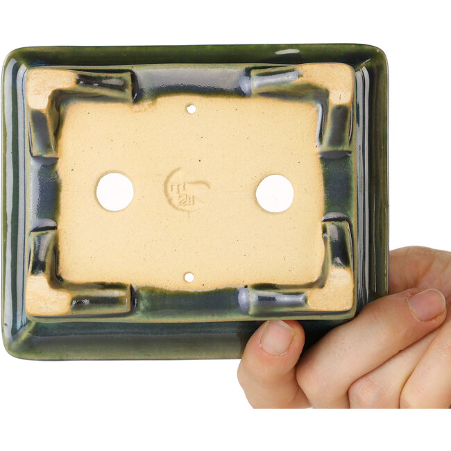 Rectangular blue and green bonsai pot by Shouzan - 125 x 100 x 45 mm