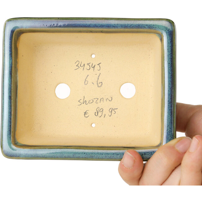 Pot à bonsaï rectangulaire bleu et vert de Shouzan - 125 x 100 x 45 mm