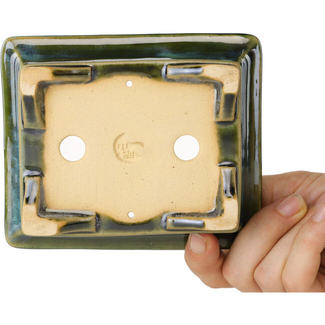 Pot à bonsaï rectangulaire bleu et vert de Shouzan - 125 x 100 x 45 mm