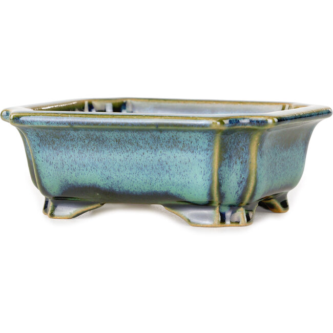 Rectangular blue and green bonsai pot by Shouzan - 120 x 103 x 45 mm