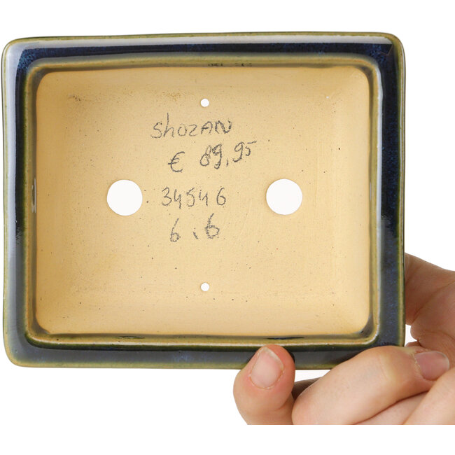 Pot à bonsaï rectangulaire bleu et vert de Shouzan - 125 x 100 x 45 mm