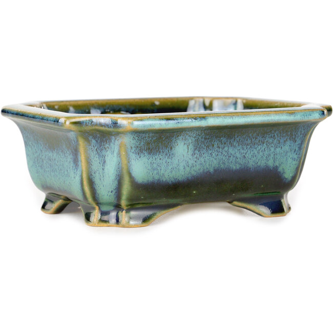 Pot à bonsaï rectangulaire bleu et vert de Shouzan - 120 x 103 x 45 mm