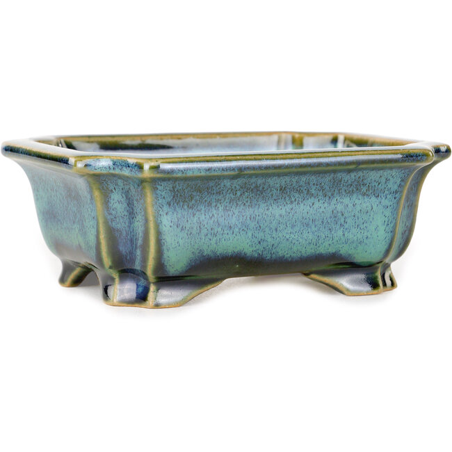 Rectangular blue and green bonsai pot by Shouzan - 120 x 103 x 45 mm