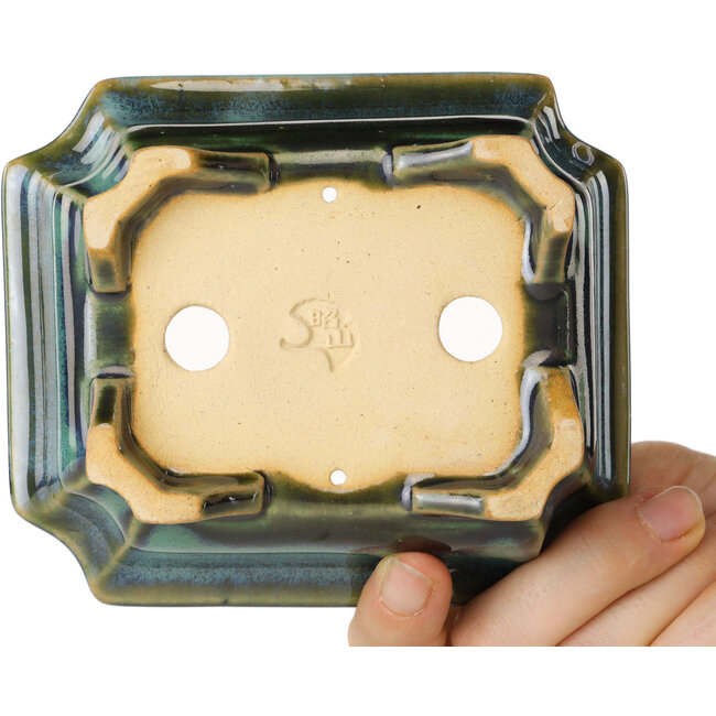 Maceta rectangular para bonsái azul y verde de Shouzan - 120 x 103 x 45 mm