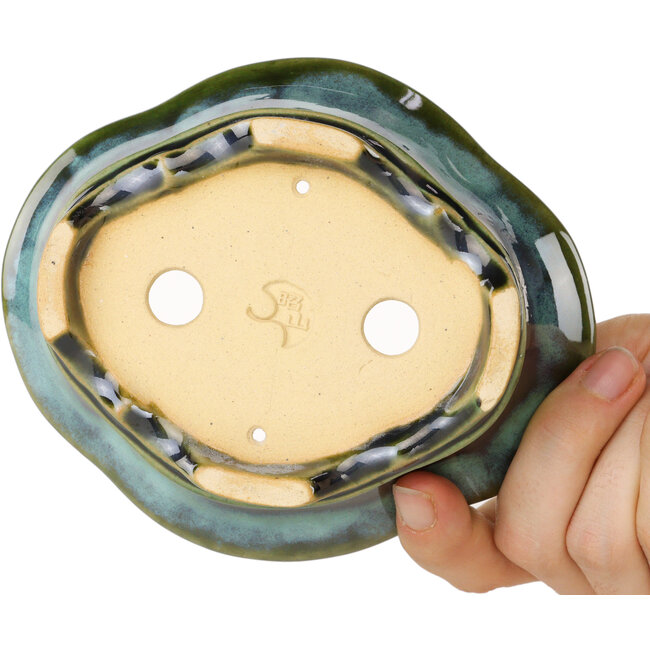 Maceta para bonsái Mokko azul y verde de Shouzan - 133 x 113 x 48 mm