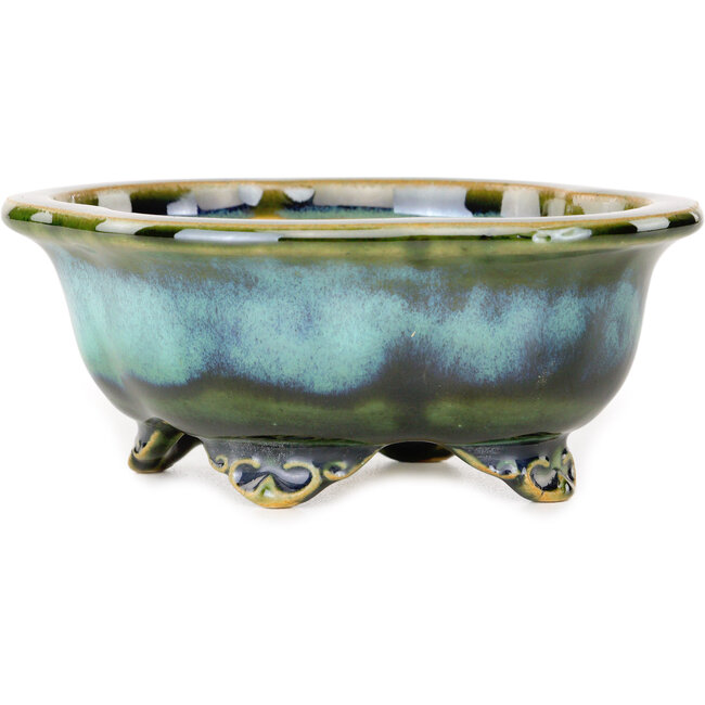 Maceta para bonsái Mokko azul y verde de Shouzan - 123 x 105 x 52 mm