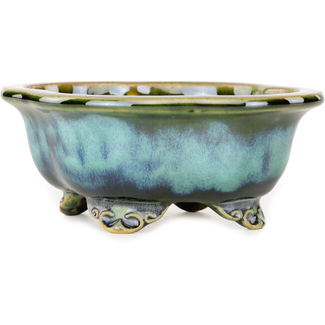 Maceta para bonsái Mokko azul y verde de Shouzan - 123 x 105 x 52 mm