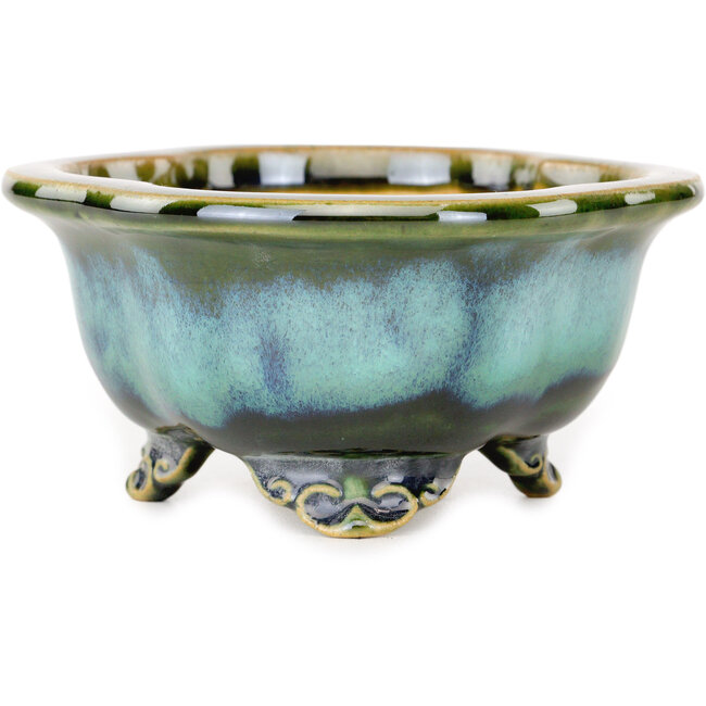 Maceta para bonsái Mokko azul y verde de Shouzan - 123 x 105 x 52 mm