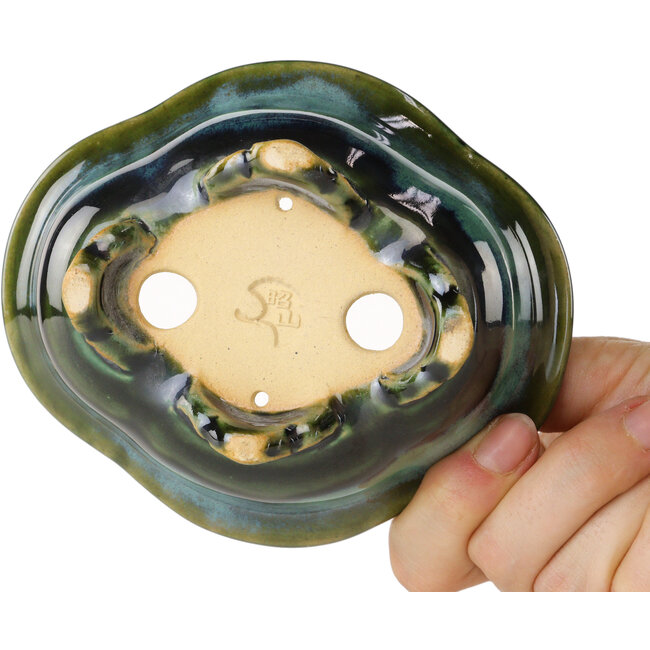 Pot à bonsaï Mokko bleu et vert de Shouzan - 123 x 105 x 52 mm