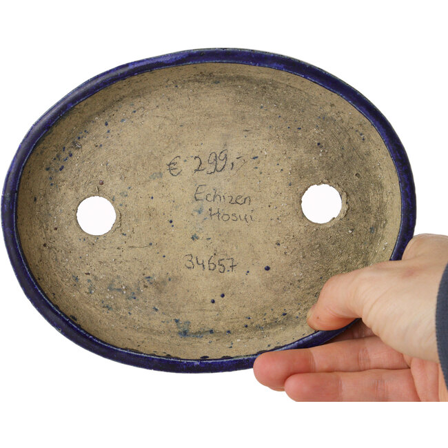 Oval blue bonsai pot by Echizen - 170 x 135 x 27 mm