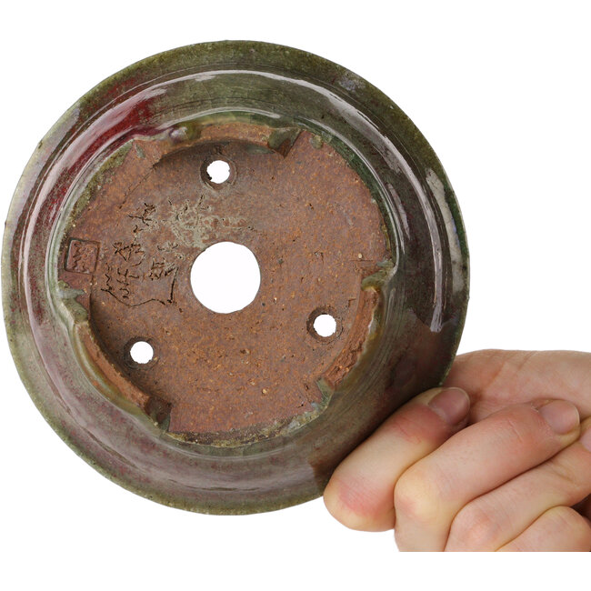 Ronde groene en rode bonsaipot van Echizen - 125 x 125 x 53 mm