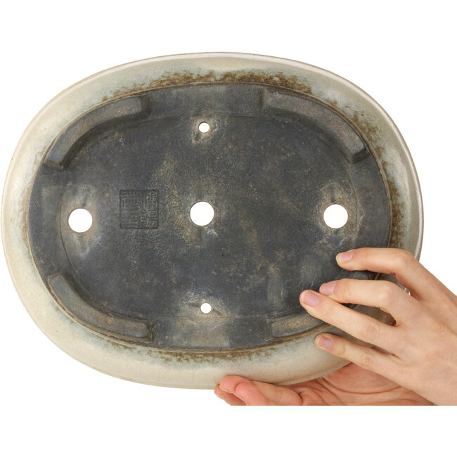 Oval beige bonsai pot by Aiba Koyou - 307 x 250 x 69 mm
