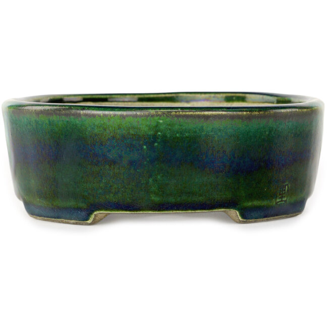 Pot à bonsaï ovale vert par Terahata Satomi Mazan - 195 x 157 x 55 mm
