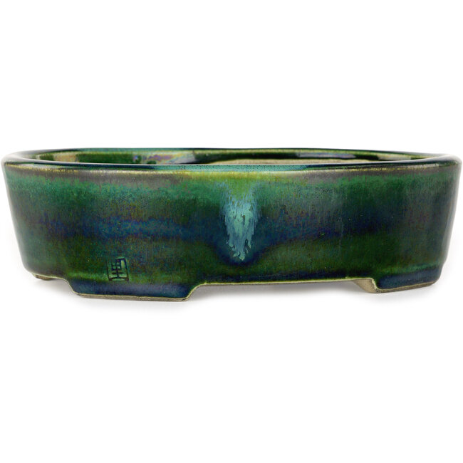 Pot à bonsaï ovale vert par Terahata Satomi Mazan - 195 x 157 x 55 mm