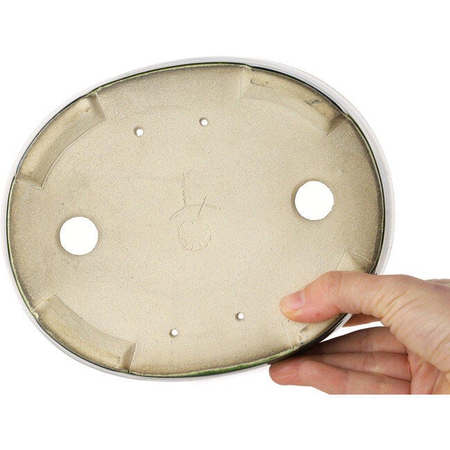 Oval green bonsai pot by Terahata Satomi Mazan - 195 x 157 x 55 mm