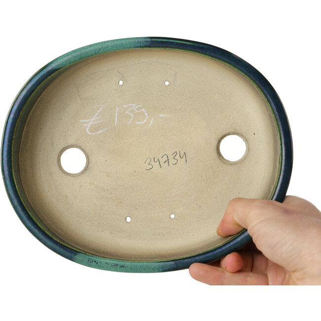 Oval green bonsai pot by Terahata Satomi Mazan - 195 x 157 x 55 mm