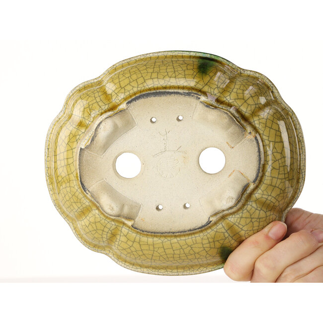 Mokko gele craquelé bonsaipot van Terahata Satomi Mazan - 182 x 154 x 48 mm
