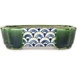  Satomi Mazan, Mazan Terahata 160 mm  green and multicolor bonsai pot by Terahata Satomi Mazan, Tokoname, Japan