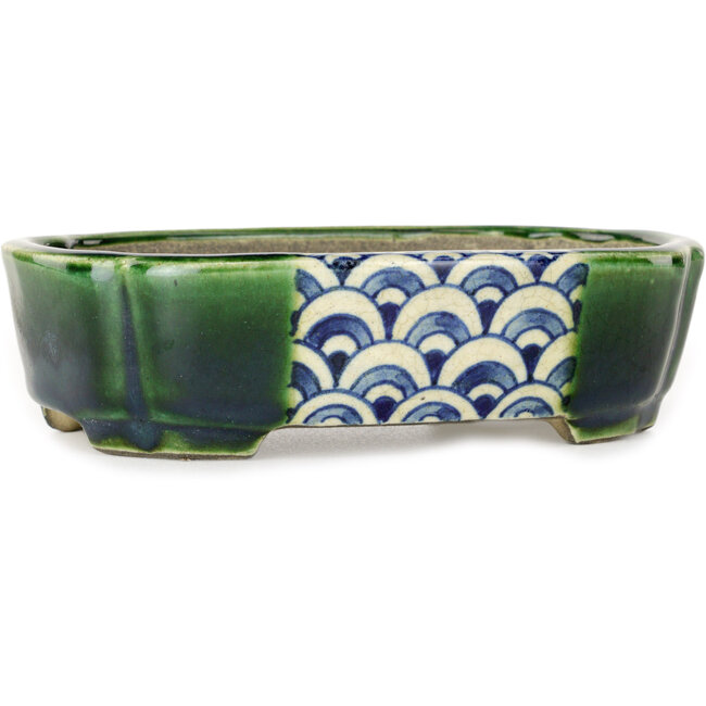 Mokko groene en veelkleurige bonsaipot van Terahata Satomi Mazan - 160 x 120 x 45 mm