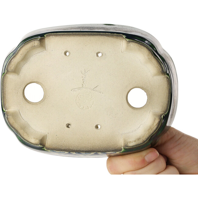 Mokko groene en veelkleurige bonsaipot van Terahata Satomi Mazan - 160 x 120 x 45 mm