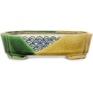  Satomi Mazan, Mazan Terahata 160 mm  yellow and green bonsai pot by Terahata Satomi Mazan, Tokoname, Japan