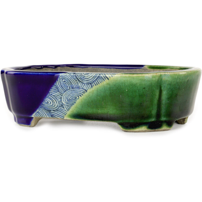 Pot à bonsaï Mokko bleu et vert par Terahata Satomi Mazan - 160 x 120 x 45 mm