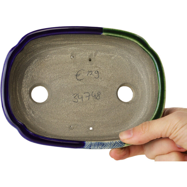 Mokko blue and green bonsai pot by Terahata Satomi Mazan - 160 x 120 x 45 mm