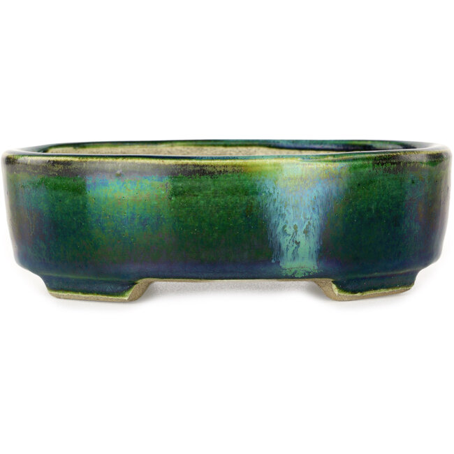 Oval green bonsai pot by Terahata Satomi Mazan - 160 x 130 x 50 mm