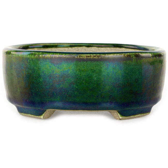Oval green bonsai pot by Terahata Satomi Mazan - 160 x 130 x 50 mm