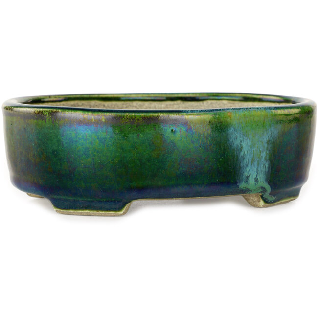 Pot à bonsaï ovale vert par Terahata Satomi Mazan - 160 x 130 x 50 mm