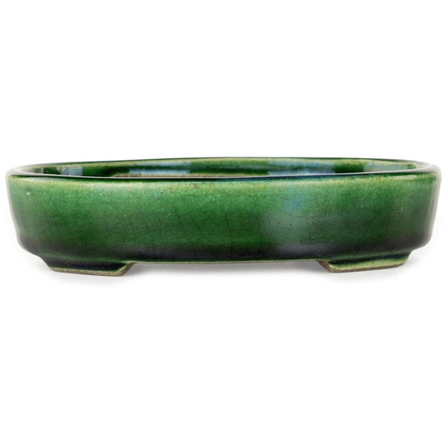 Oval green bonsai pot by Terahata Satomi Mazan - 160 x 130 x 34 mm