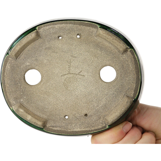 Oval green bonsai pot by Terahata Satomi Mazan - 160 x 130 x 34 mm