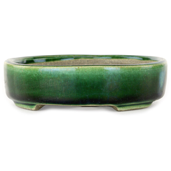 Oval green bonsai pot by Terahata Satomi Mazan - 160 x 130 x 34 mm