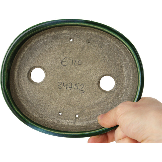 Oval green bonsai pot by Terahata Satomi Mazan - 160 x 130 x 34 mm