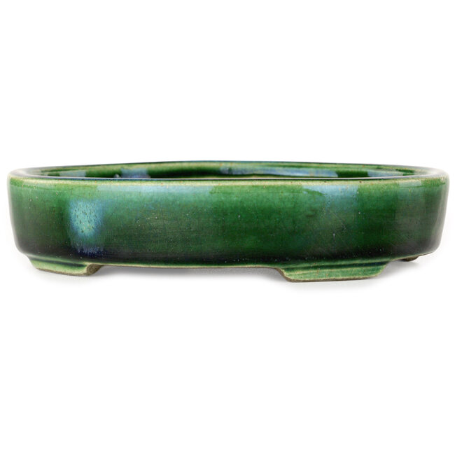 Oval green bonsai pot by Terahata Satomi Mazan - 160 x 130 x 34 mm