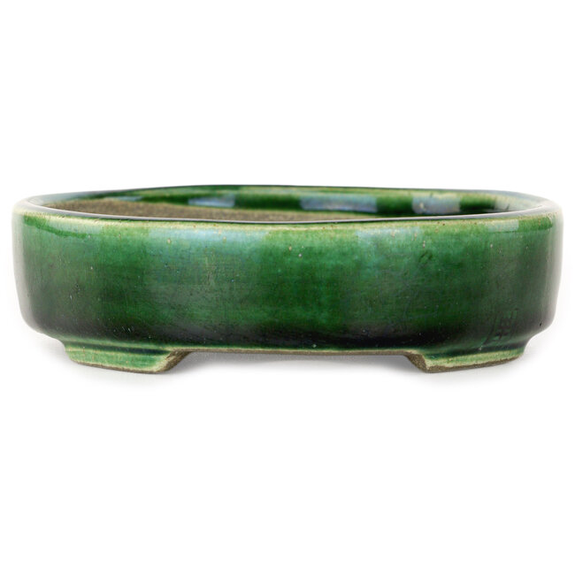 Ovaler grüner Bonsaitopf von Terahata Satomi Mazan – 160 x 130 x 34 mm