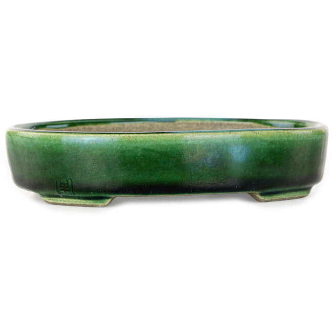 Ovaler grüner Bonsaitopf von Terahata Satomi Mazan – 160 x 130 x 34 mm