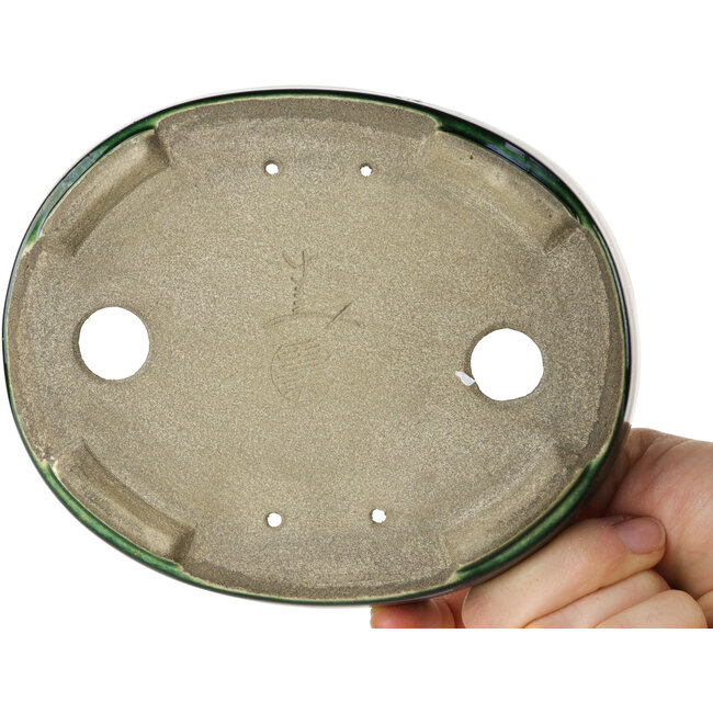Pot à bonsaï ovale vert par Terahata Satomi Mazan - 160 x 130 x 34 mm