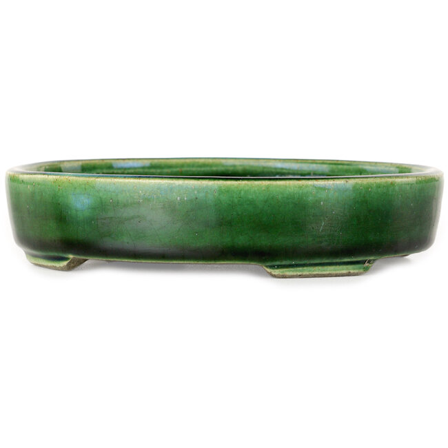 Oval green bonsai pot by Terahata Satomi Mazan - 160 x 130 x 34 mm