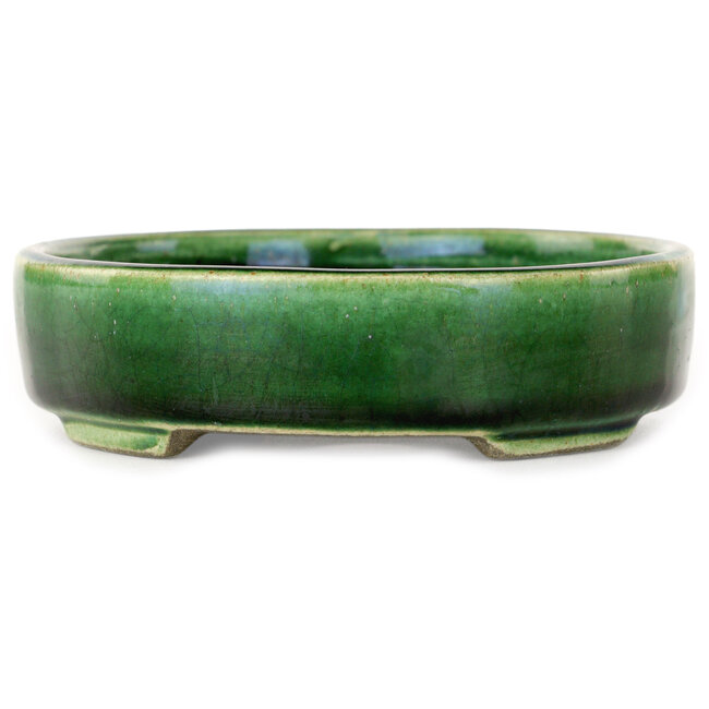 Oval green bonsai pot by Terahata Satomi Mazan - 160 x 130 x 34 mm