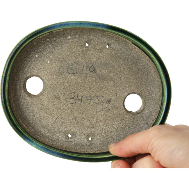 Oval green bonsai pot by Terahata Satomi Mazan - 160 x 130 x 34 mm