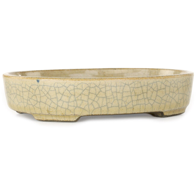Oval beige craquelé bonsai pot by Terahata Satomi Mazan - 160 x 130 x 34 mm